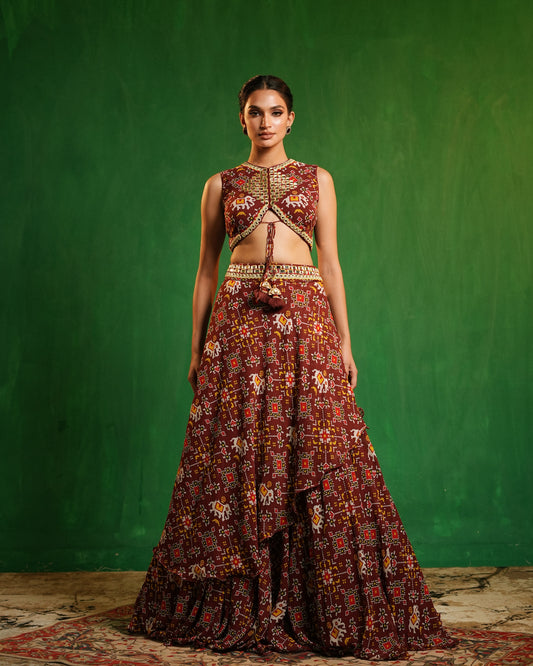 Maroon Patola Printed Indo Lehenga Set (Set of 2)