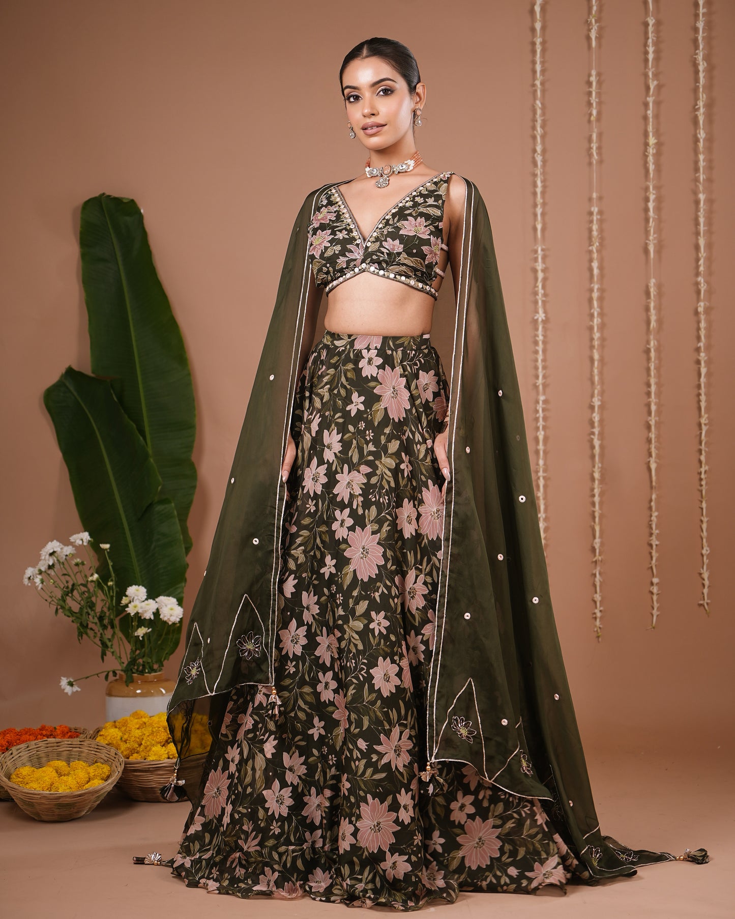 Olive Green Floral Printed Organza Lehenga Set (Set of 3)