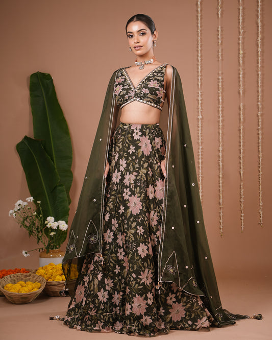 Olive Green Floral Printed Organza Lehenga Set (Set of 3)