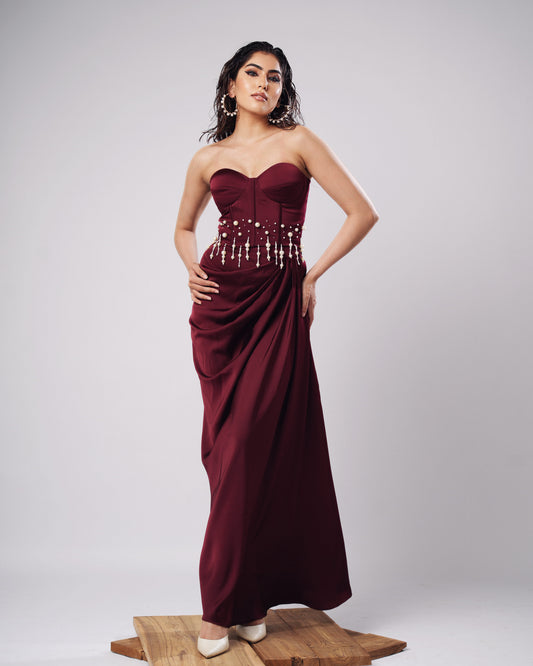 Olivia - Burgundy Pearl Corset Drape Set (SET OF 2)