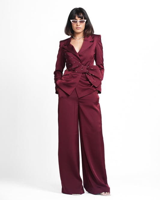 Miranda - Claret Maroon Embellished Coat and Pant Set ( Set of 2 )