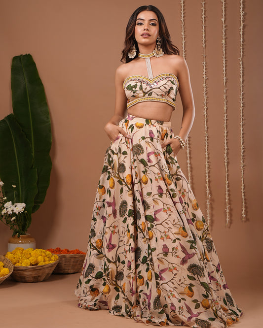 Cream Lemon Printed Indo Lehenga Set (Set of 2)