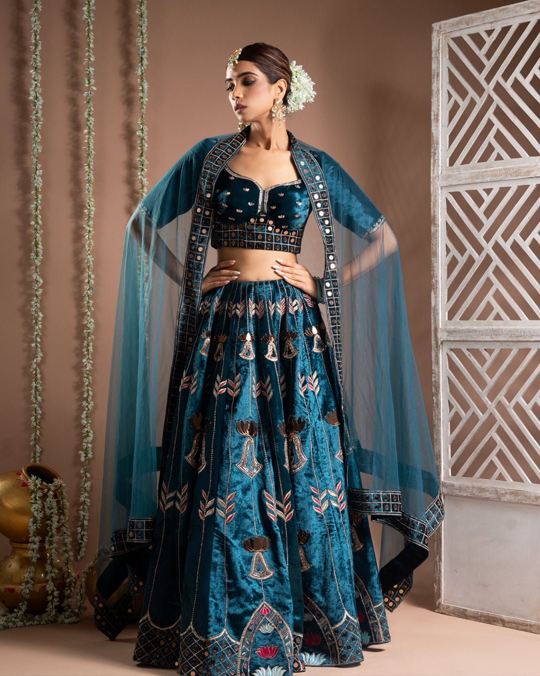 Teal Blush Embellished Premium Velvet Lehenga Set