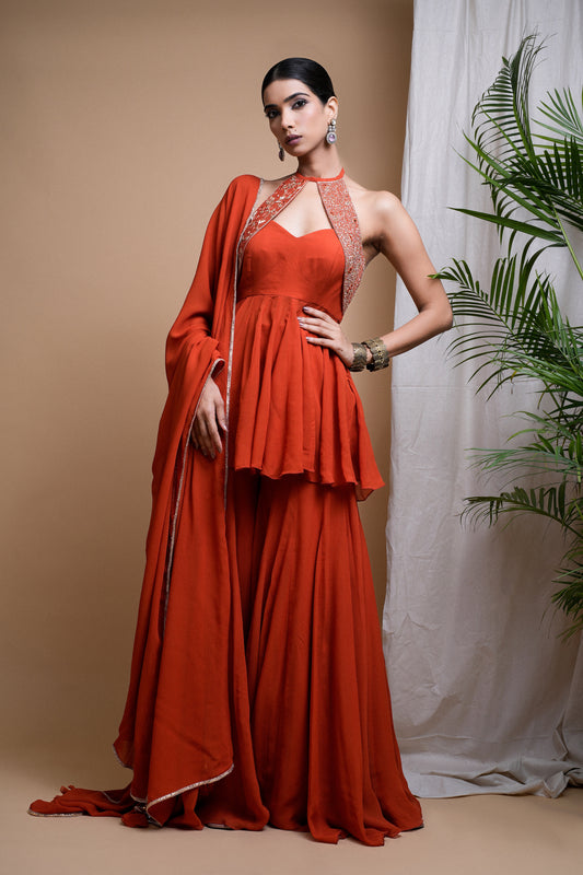 RUST ORANGE INDO ANARKALI SUIT SET (SET OF 3)