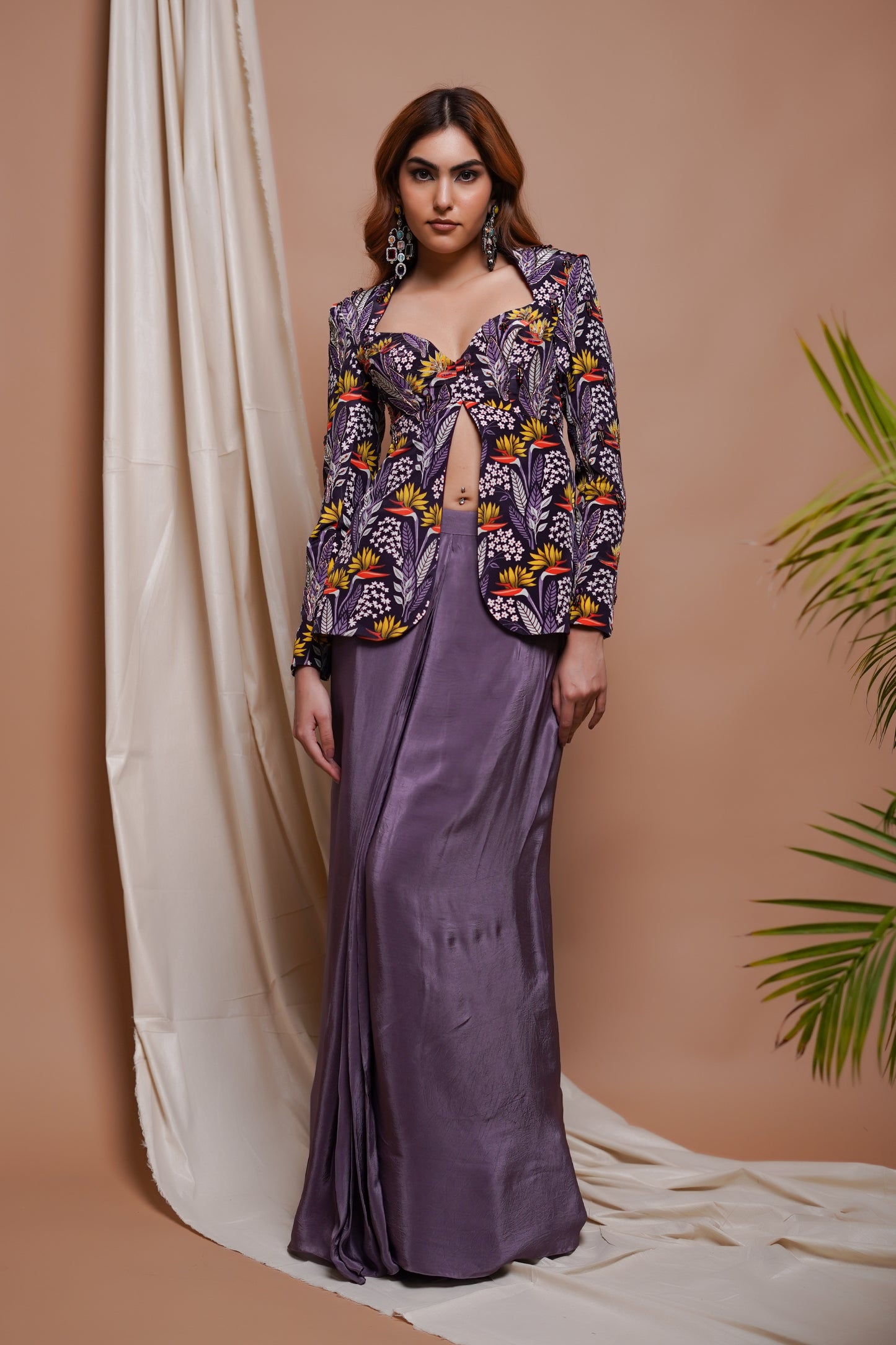 VIOLET DIGITAL PRINTED COAT AND DRAPE SKIRT SET (SET OF 2)