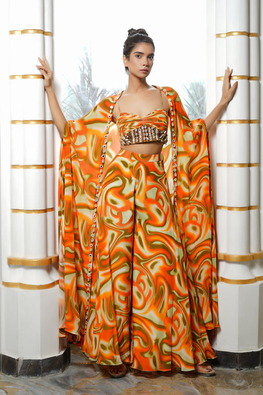 ORANGE MULTICOLOR ABSTRACT WAVE CO-ORD  (SET OF 3)