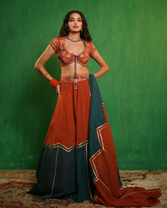 Rust-Teal Heavy Patchwork Lehenga Set (Set of 3)