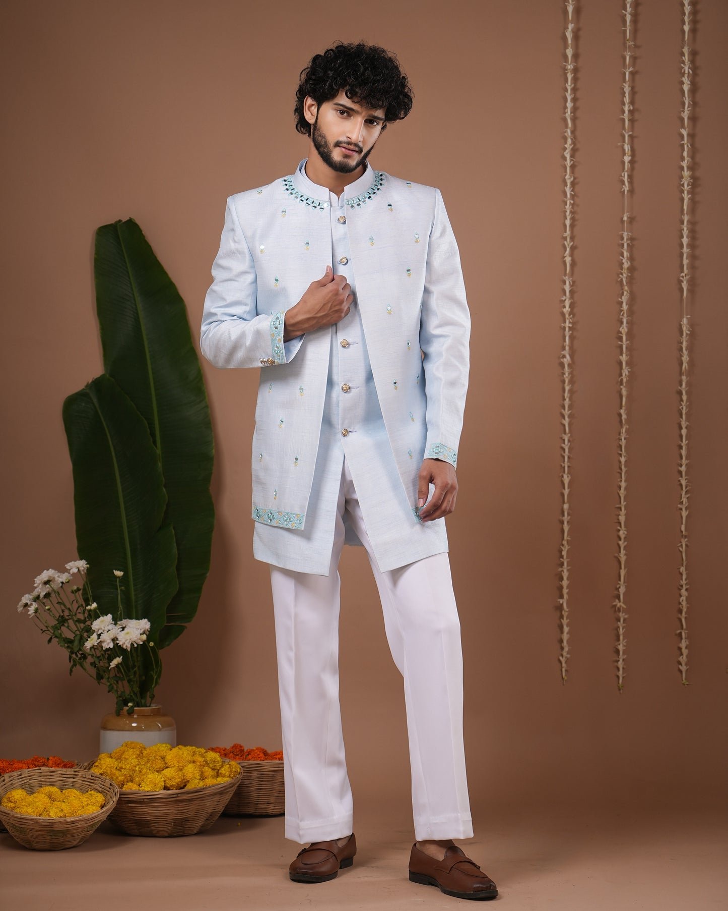 Sky Blue Open Jacket + Jodhpuri Indo Set (Set of 3)