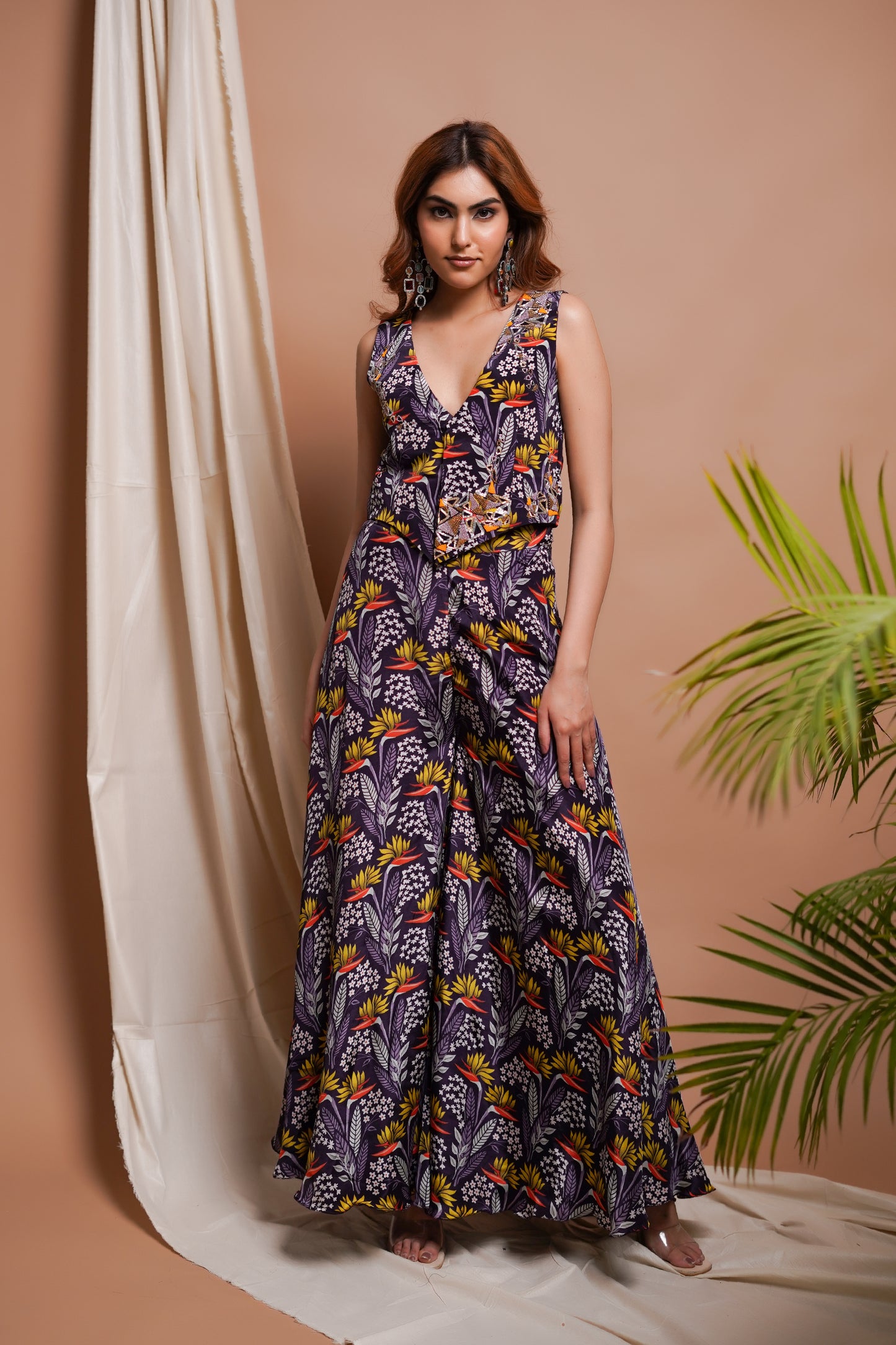 VIOLET PRINTED VEST COAT AND PANT/PALAZZO SET (SET OF 2)