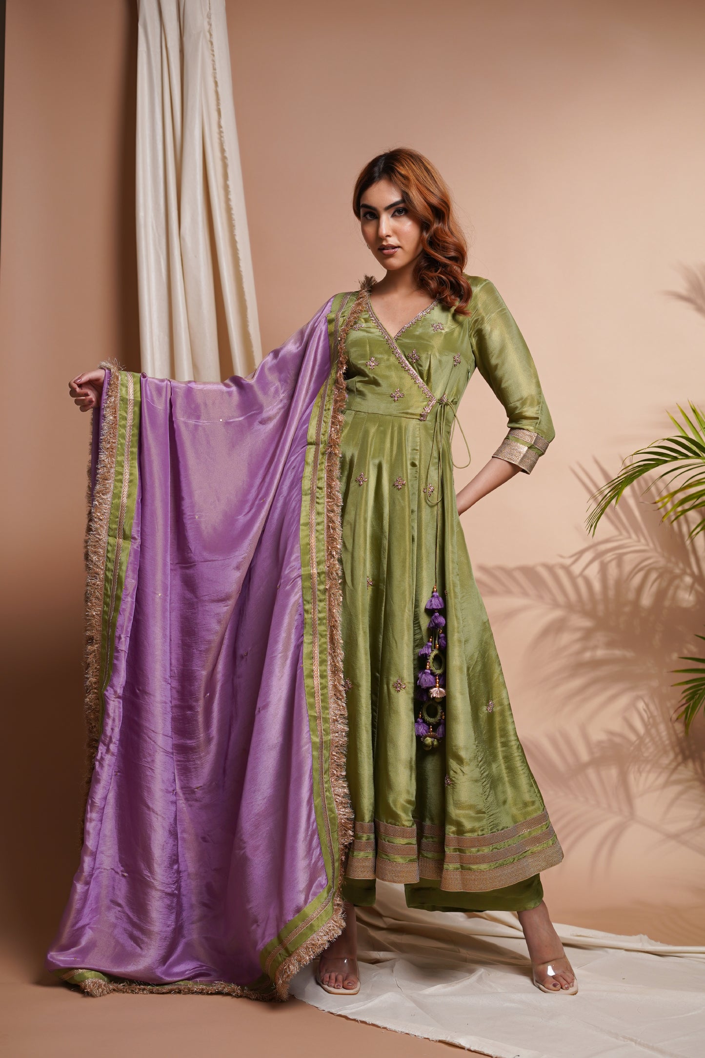 GREEN PURPLE TISSUE SILK ANGRAKHA ANARKALI SET (SET OF 3)