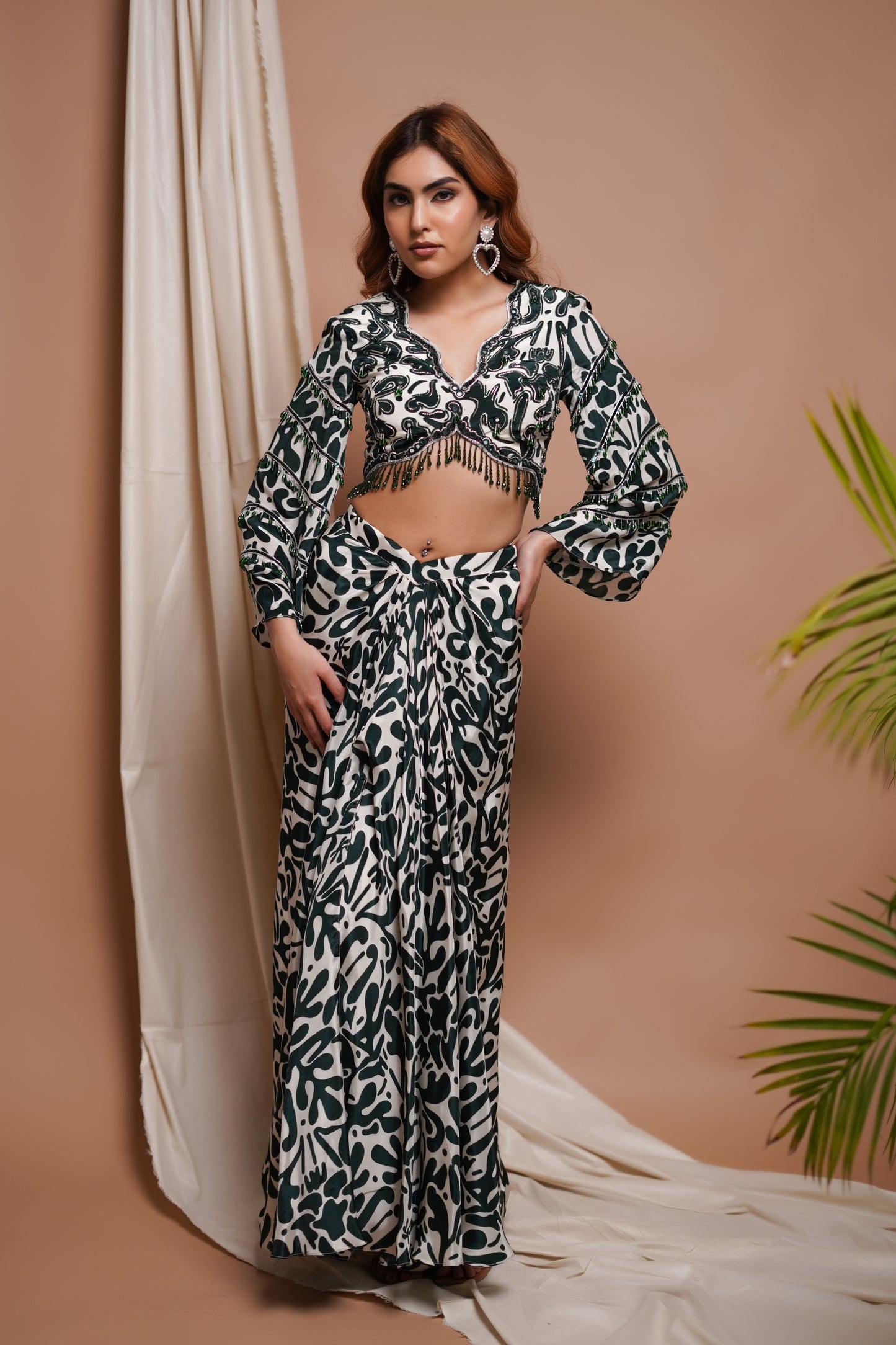 WHITE-GREEN DIGITAL PRINTED DRAPE SKIRT SET (SET OF 2)