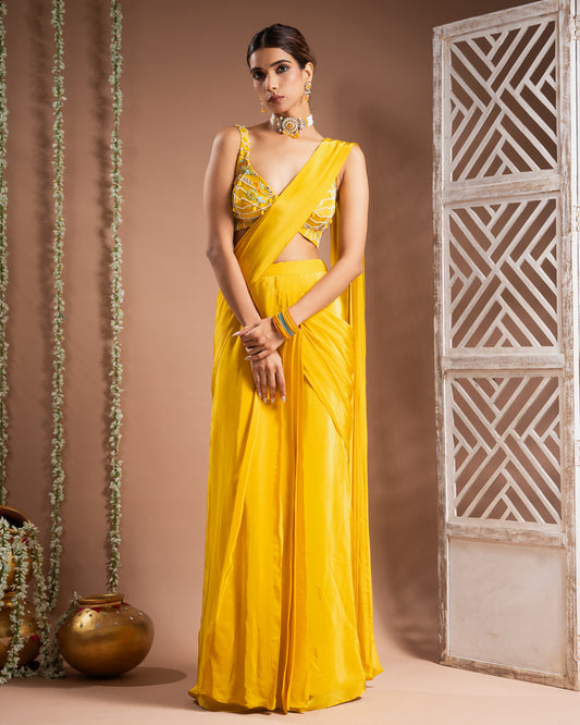 Canary Yellow Pre-Drape Saree Set (Set of 2)