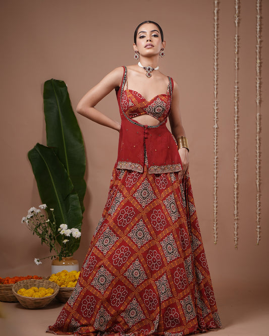 Red Bandhani Printed Lehenga Set (Set of 3)