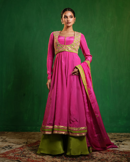Fuschia Pink - Lime Green Heavy Anarkali Set (Set of 4)