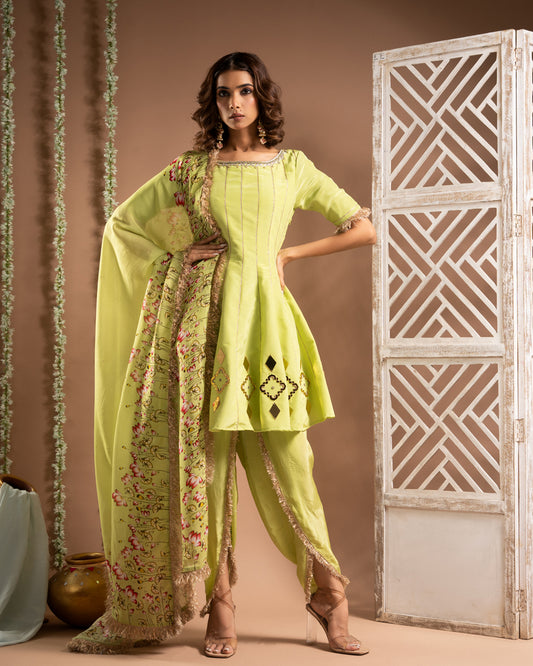 Green Short Anarkali-Tulip Salwar Set (Set of 3)