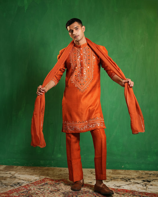 Rust Ember Mirror Work Embroidered Kurta Set (Set of 3)