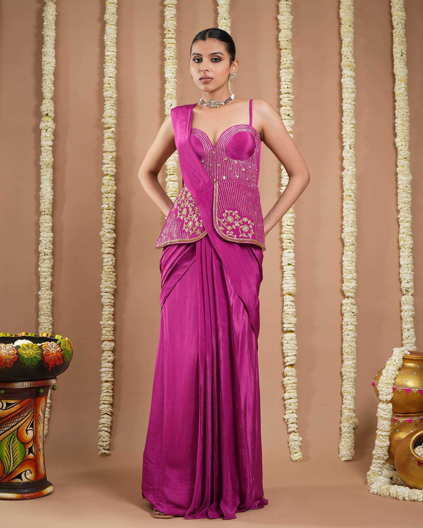 Grape Wine Long Corset Pre - Draped Saree (Set Of 2)