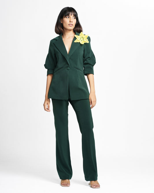 Agatha - Dark Green 3-D Brooch Coat and Pant Set ( Set of 2 )