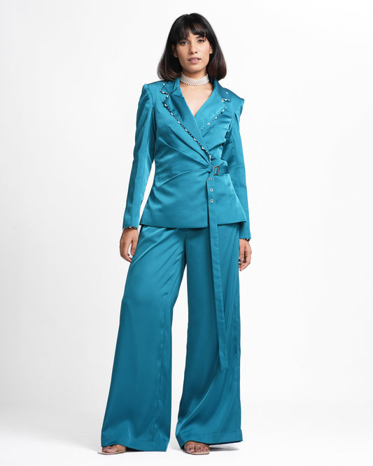 Quinn - Teal Embellished Wrap Buckle Cort and Pant Set ( Set of 2 )