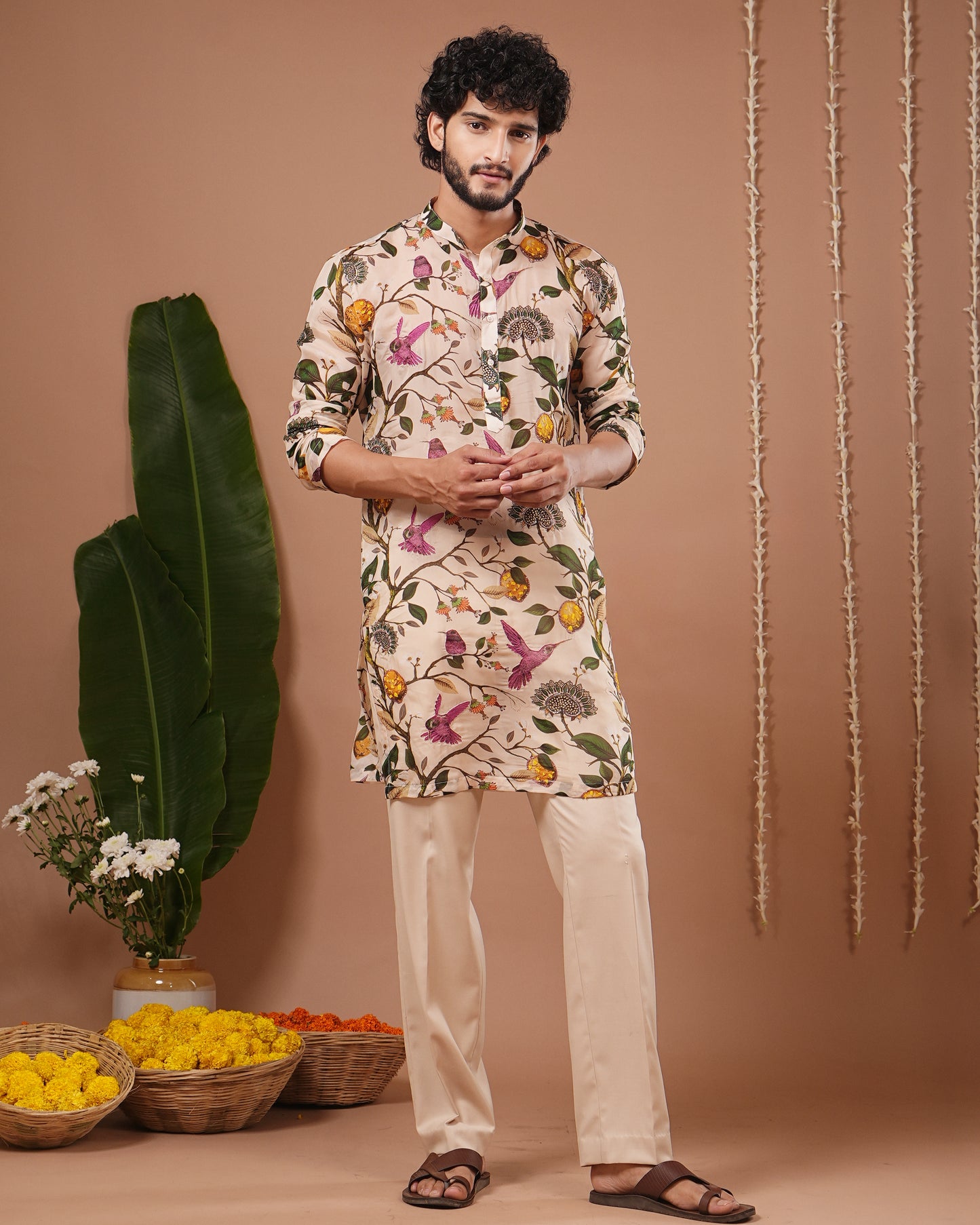 Cream Lemon Printed Organza Kurta + Pant Set (Set of 2)