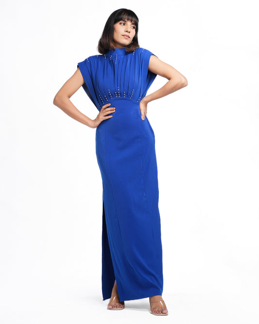 Chloe - Royal Blue Pleated Long Sheath Dress