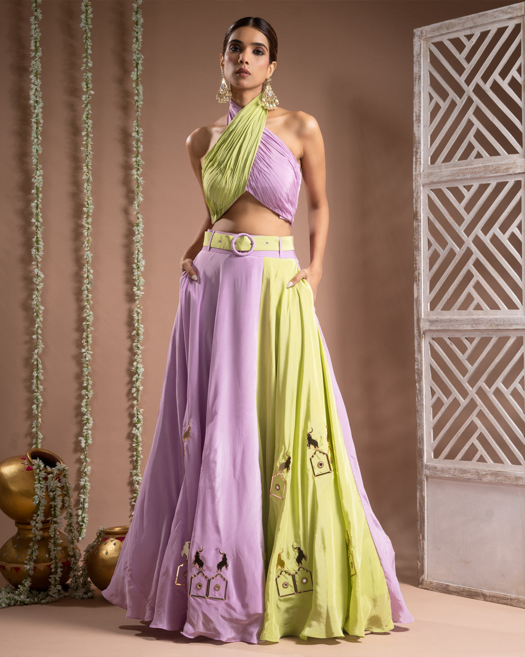 Green Lilac Indo Lehenga With Belt (Set of 2) – ahiclothing