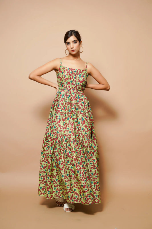Green Block Printed Chanderi Maxi
