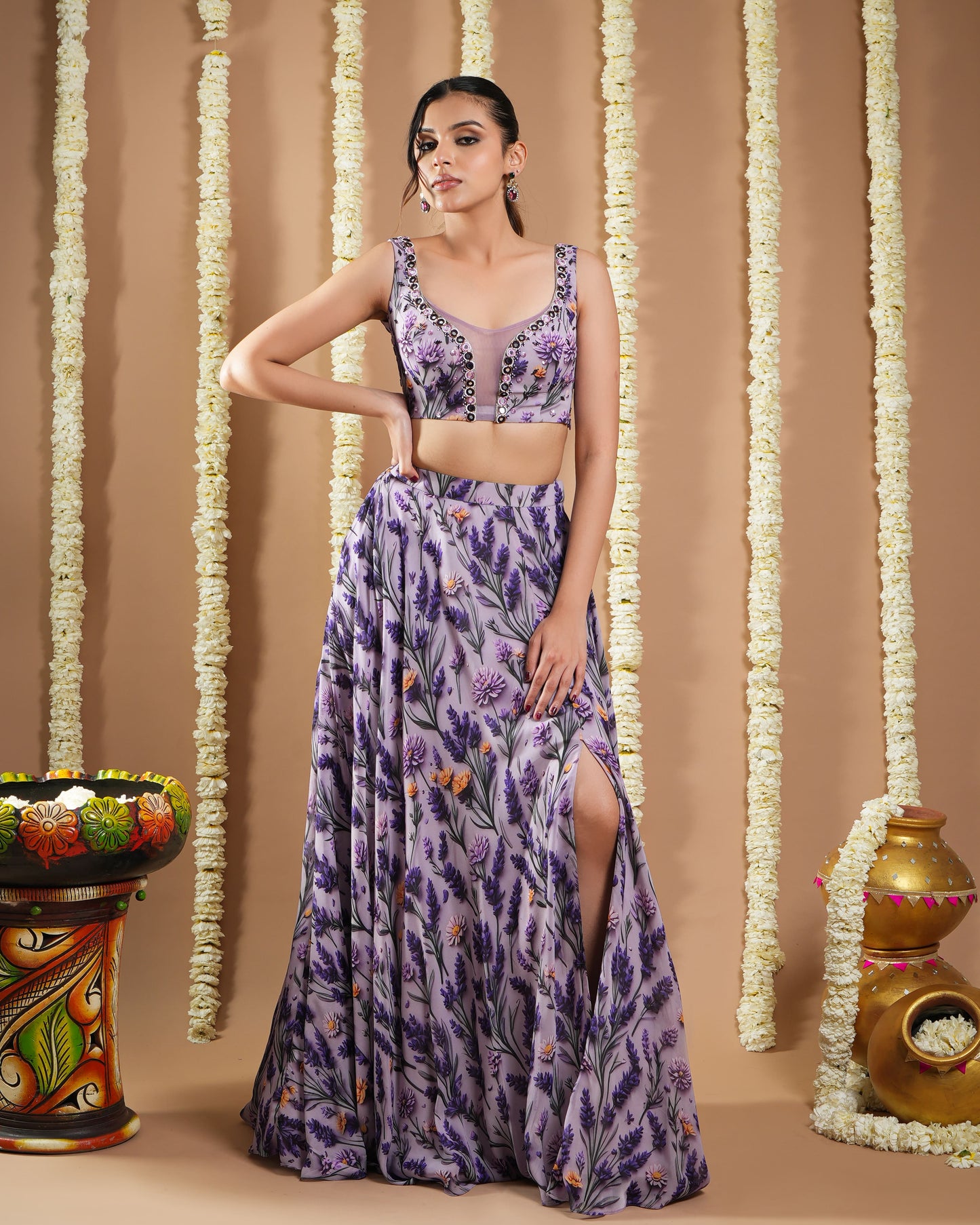 Violet-Lilac Printed Indo Lehenga Set (Set Of 2)