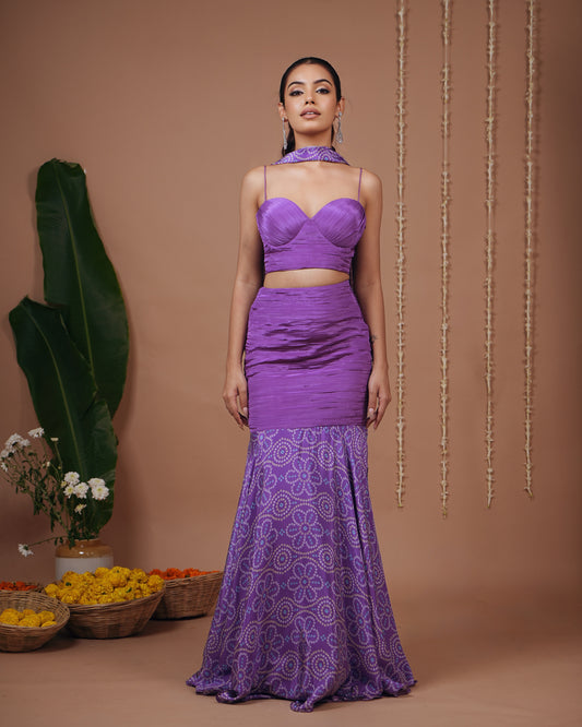 Purple Bandhani Corset Indo Skirt Set (Set of 3)