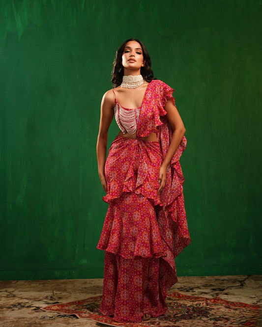 Fuchsia Mandla Digital Print Ruffle Pre Drape Saree Set (Set of 2)