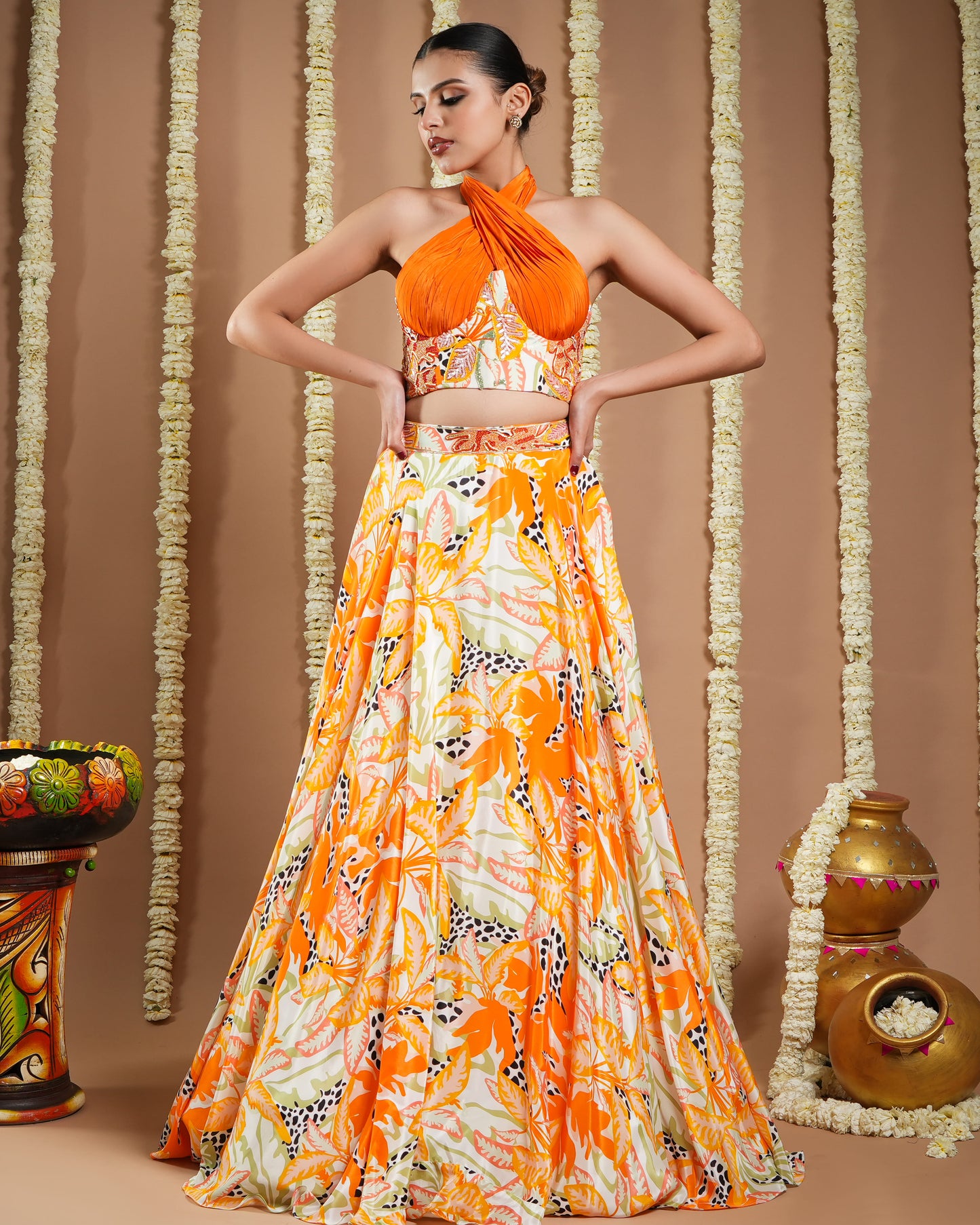 Forest Orange Printed Corset Drape Indo Lehenga Set (Set Of 2)