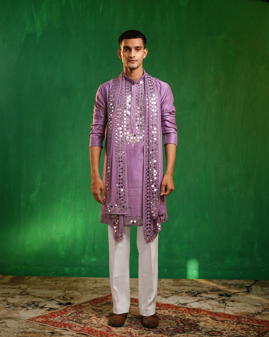 Lilac Mirror-Embroidered Heavy Kurta Set (Set of 3)