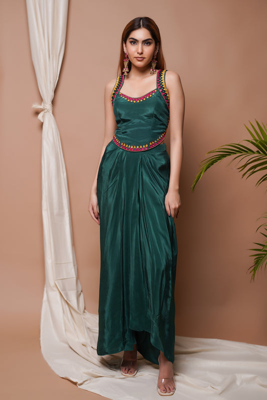 BOTTLE GREEN BACKLESS DRAPE  SKIRT SET  (SET OF 2)