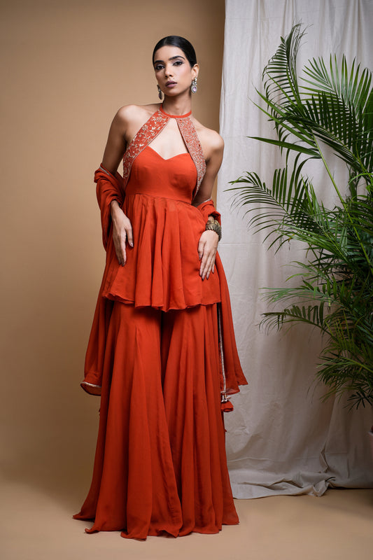 RUST ORANGE INDO ANARKALI SUIT SET (SET OF 3)