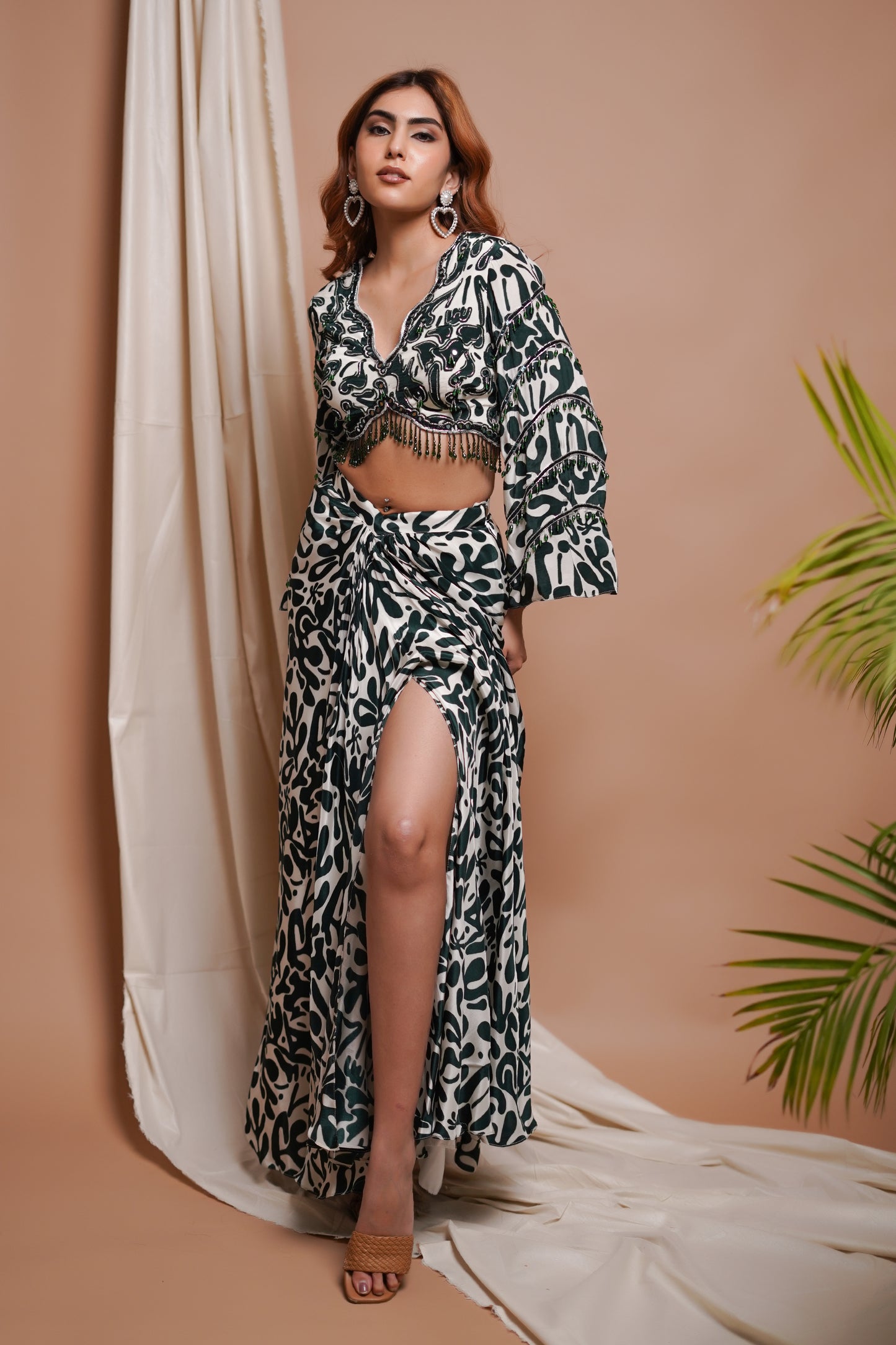 WHITE-GREEN DIGITAL PRINTED DRAPE SKIRT SET (SET OF 2)