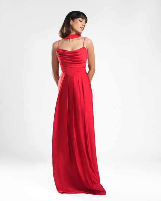 Vivienne - Hot Red Drape Long Dress With Scarf