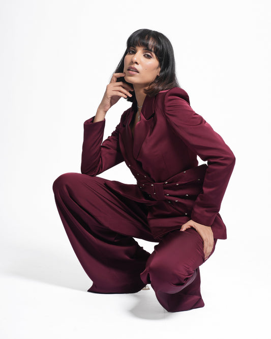 Miranda - Claret Maroon Embellished Coat and Pant Set ( Set of 2 )