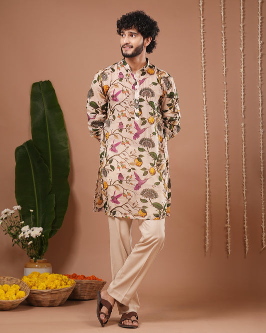 Cream Lemon Printed Organza Kurta + Pant Set (Set of 2)