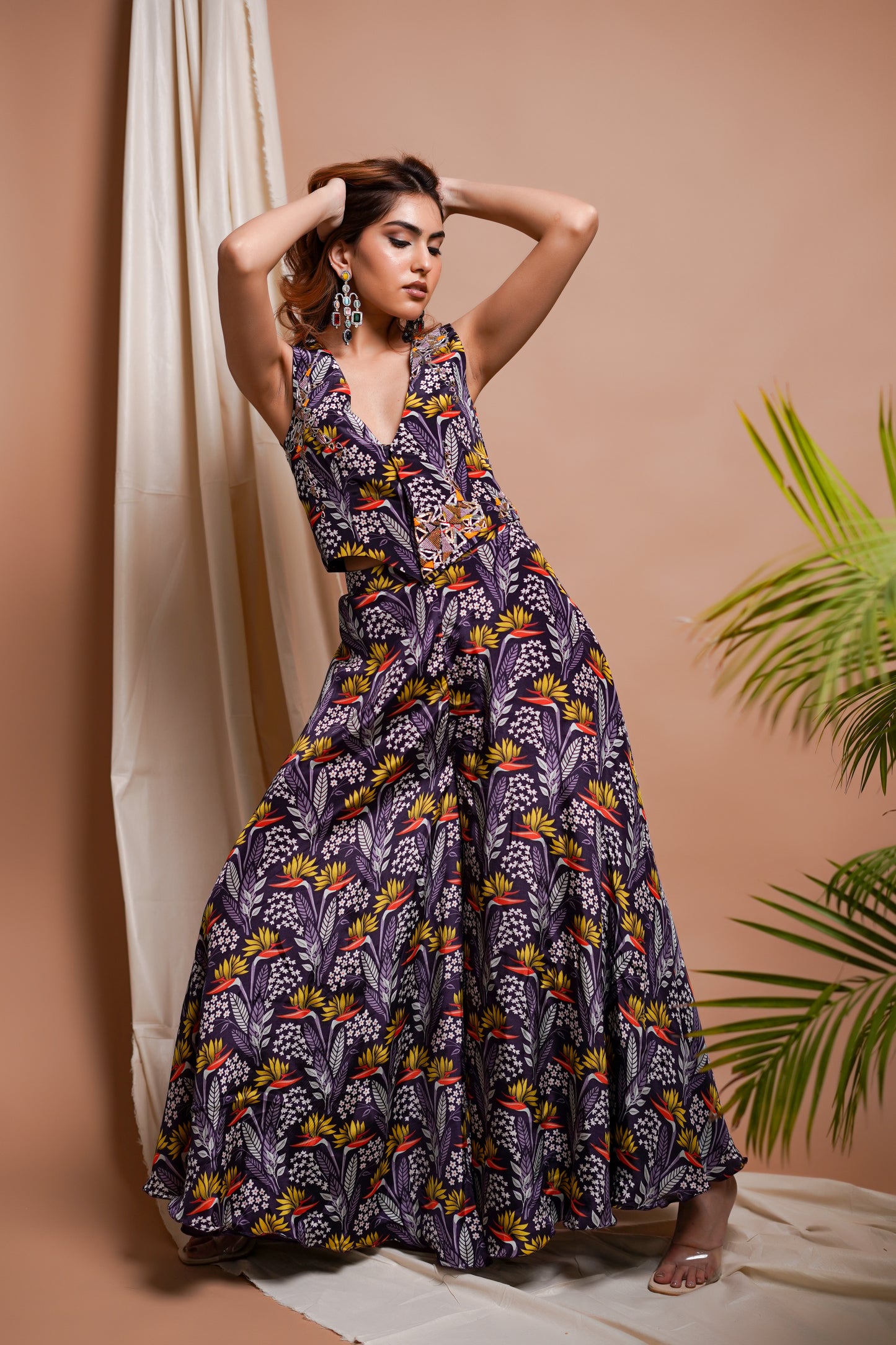 VIOLET PRINTED VEST COAT AND PANT/PALAZZO SET (SET OF 2)