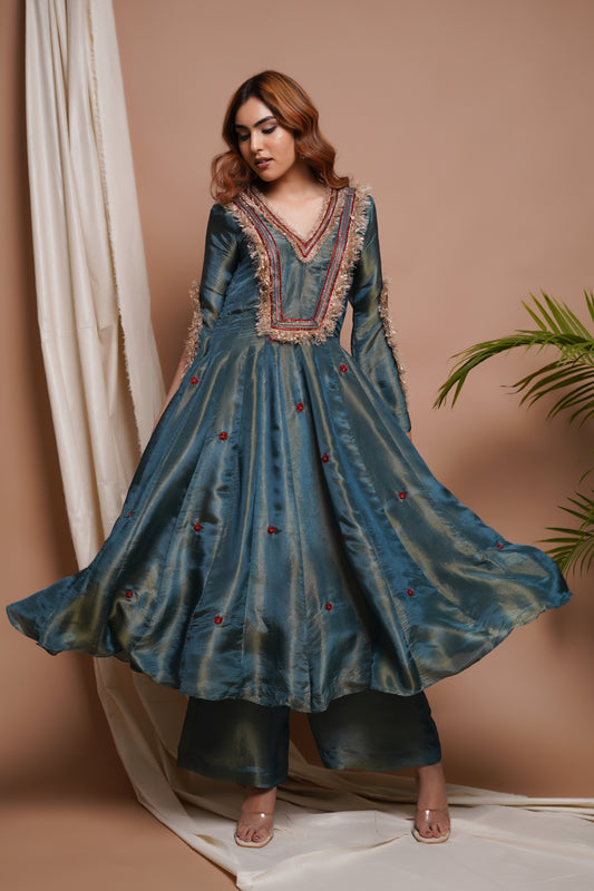 BLUE RED TISSUE SILK ANARKALI SUIT SET  (SET OF 3)