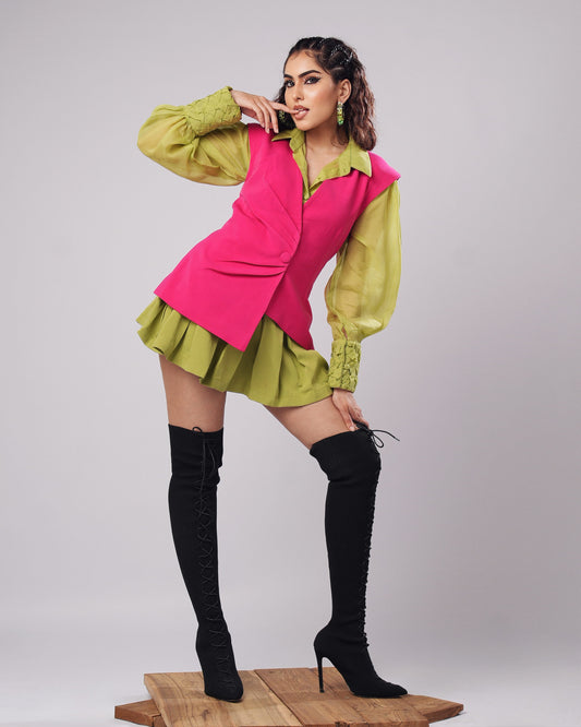 Poppy - Lime Green Organza Shirt With Hot Pink Waistcoat & Pleated Mini Skirt (SET OF 3)