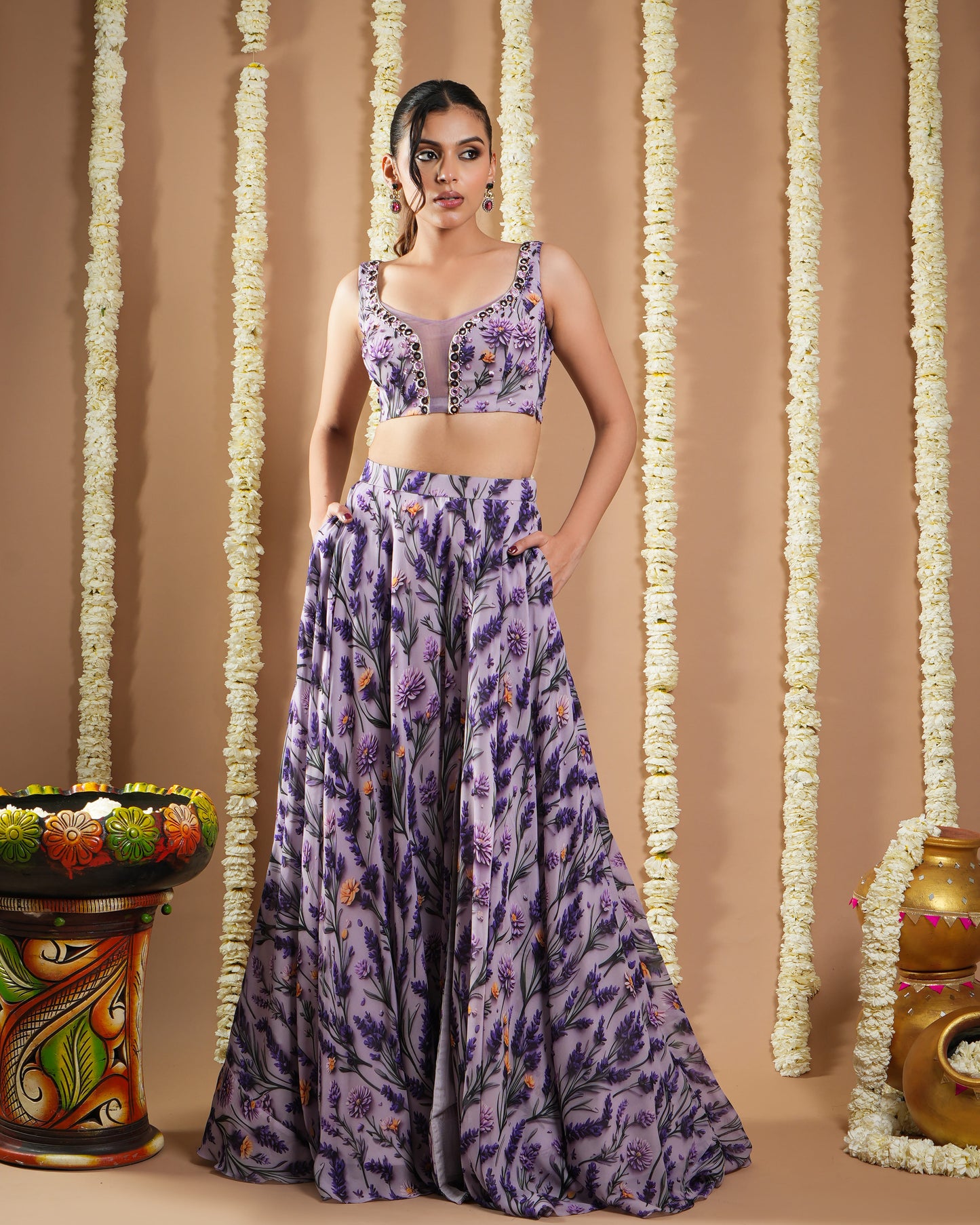 Violet-Lilac Printed Indo Lehenga Set (Set Of 2)