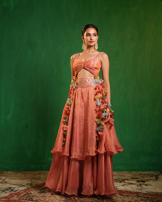 Peach Pink Tissue Layered Indo Skirt Set (Set of 2)