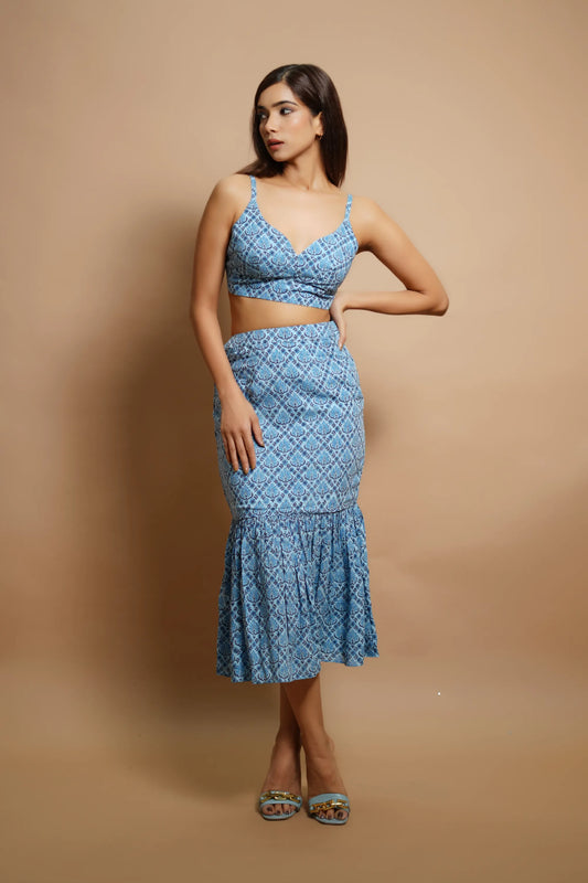 Blue block print fitted skirt co-ord