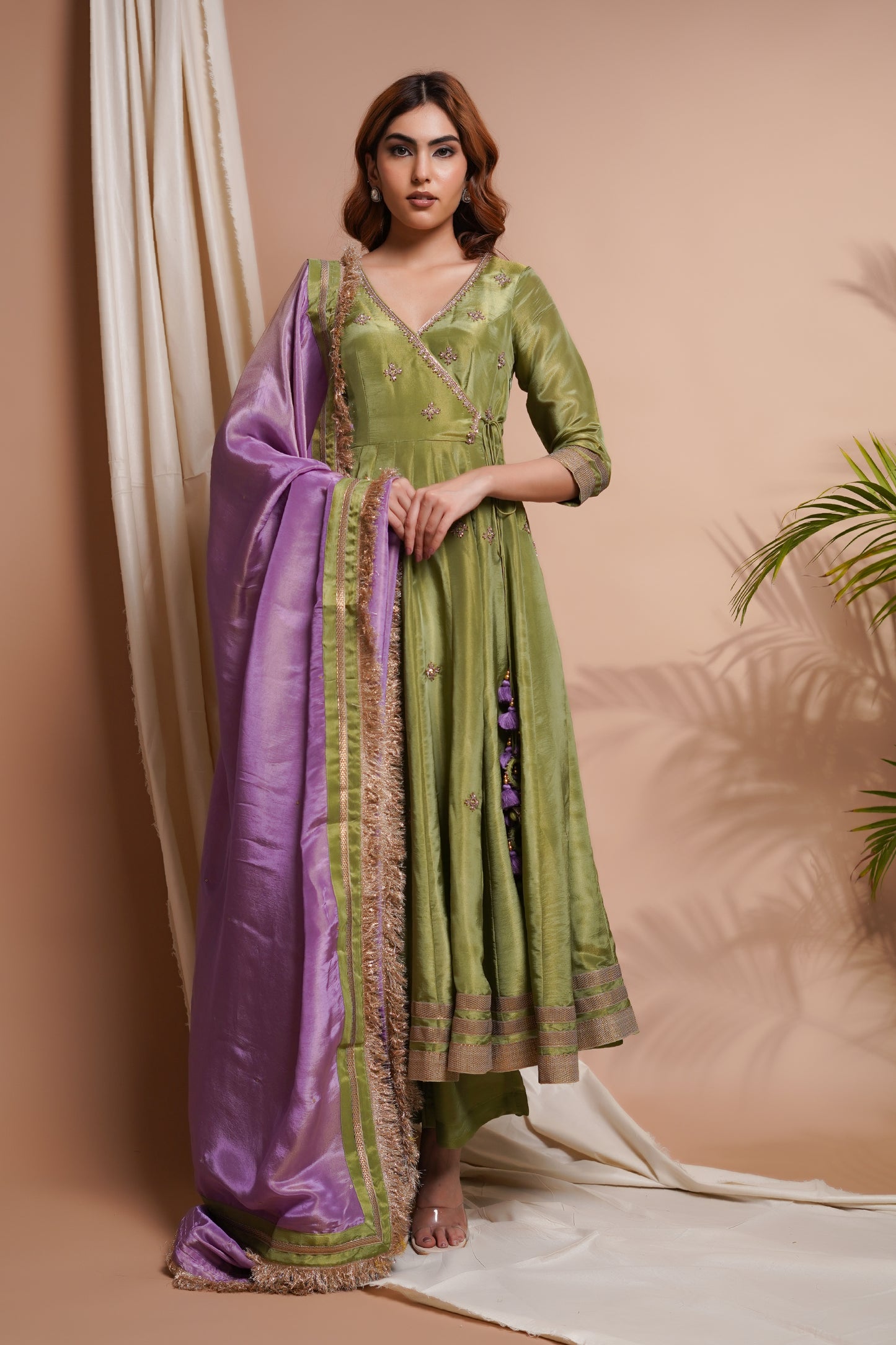 GREEN PURPLE TISSUE SILK ANGRAKHA ANARKALI SET (SET OF 3)