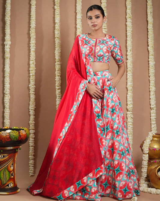 Red Tile Printed Heavy Lehenga Set (Set Of 3)