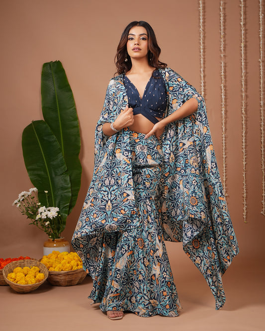 Navy Blue Digital Print Indo Sharara Set (Set of 3)