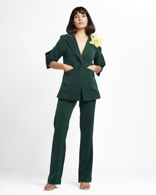 Agatha - Dark Green 3-D Brooch Coat and Pant Set ( Set of 2 )