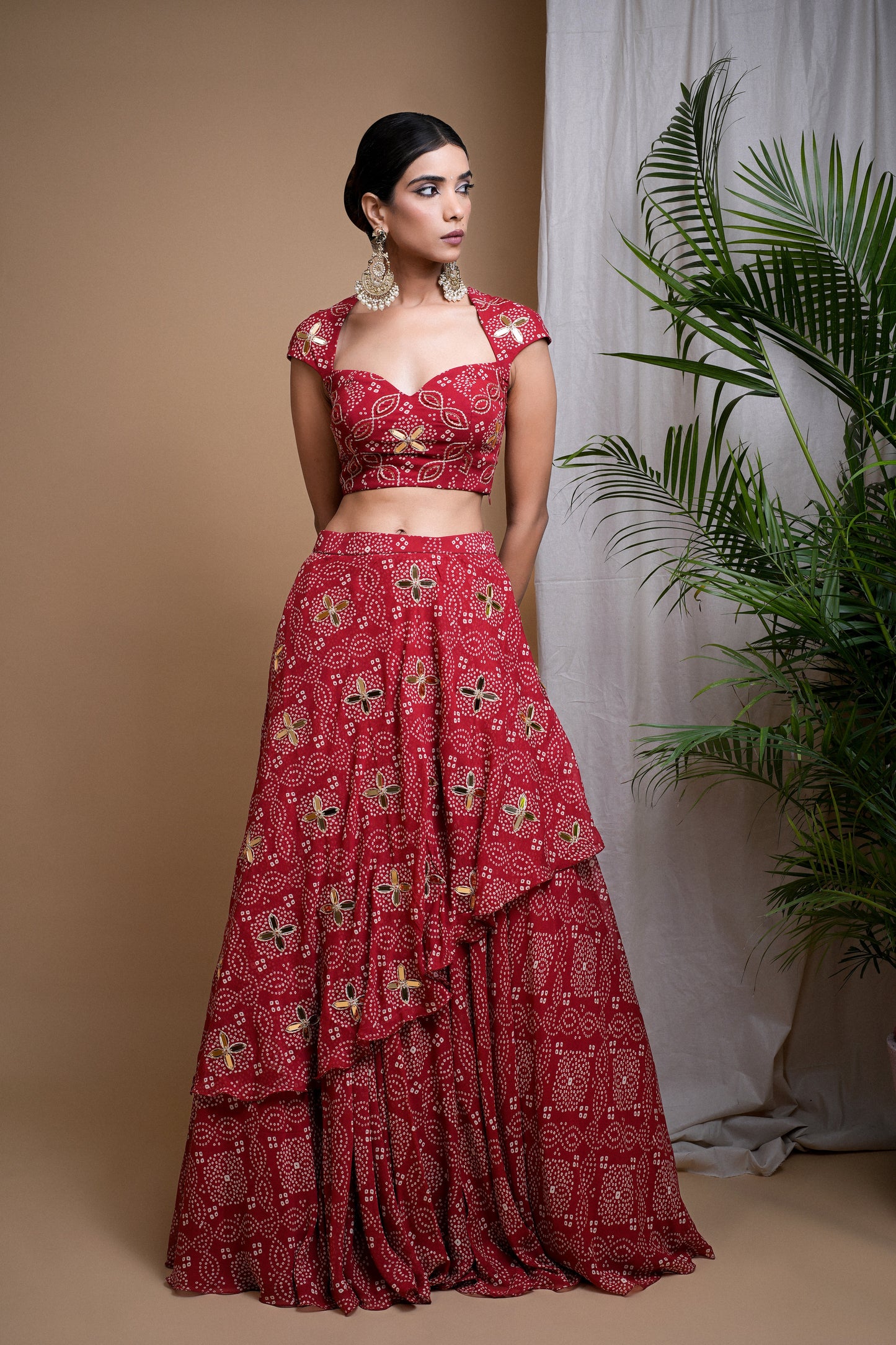 RED BANDHANI DIGITAL PRINT INDO LEHENGA SET (SET OF 2)