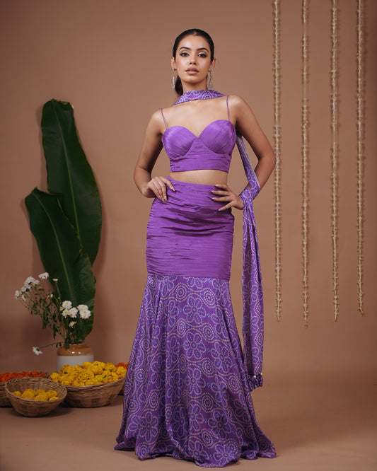Purple Bandhani Corset Indo Skirt Set (Set of 3)